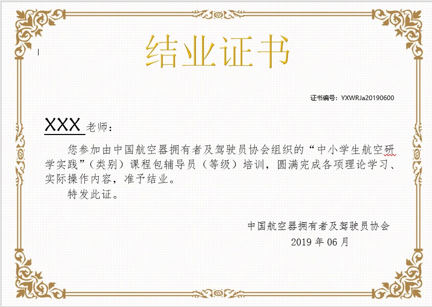 中小学生航空 研 学实践师资培训结业证书